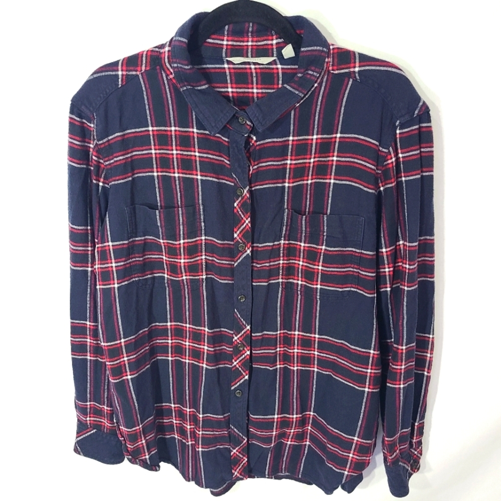 Athleta Lumberjill Size LP Flannel‎ Plaid Shirt Red White Blue Top